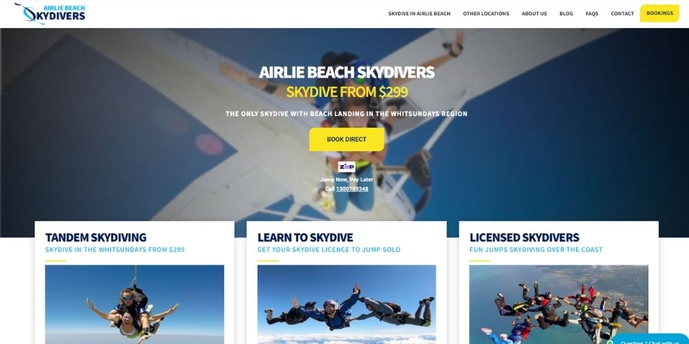 Airlie beach skydivers website homepage, best places to skydive in brisbane